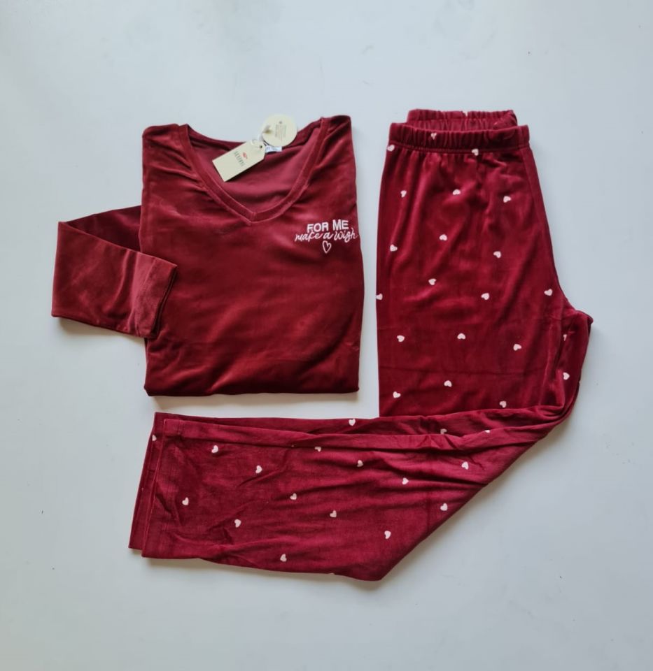 Senfoni Kadın Bordo V Yaka Kadife Pijama Takım