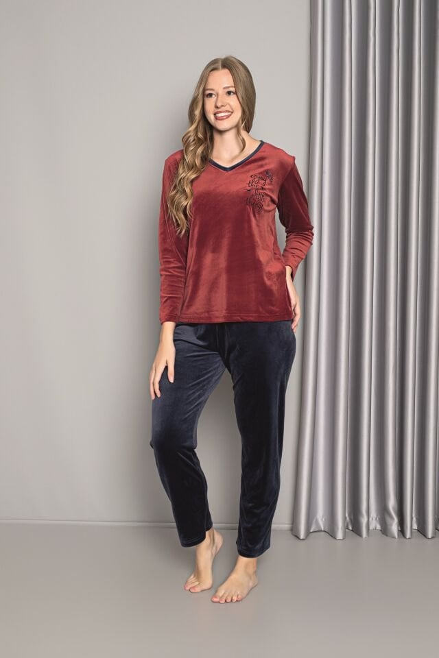 Senfoni Kadın V Yaka Bordo Kadife Pijama Takım
