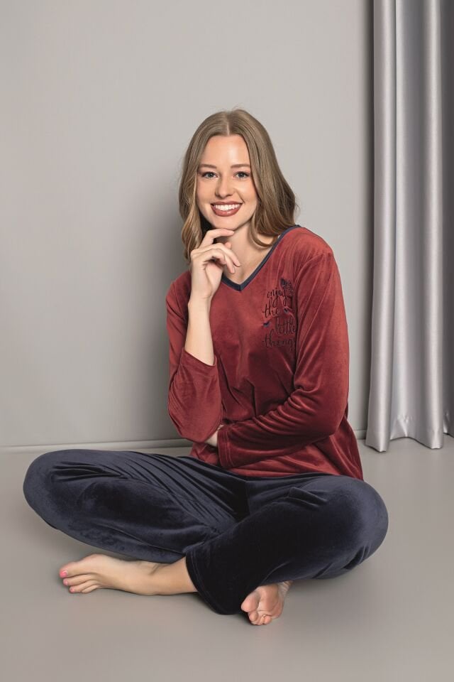 Senfoni Kadın V Yaka Bordo Kadife Pijama Takım