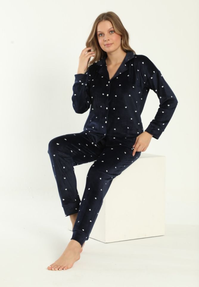 Pijamoni Kadın Önü Komple Düğmeli Kadife Pijama Takım