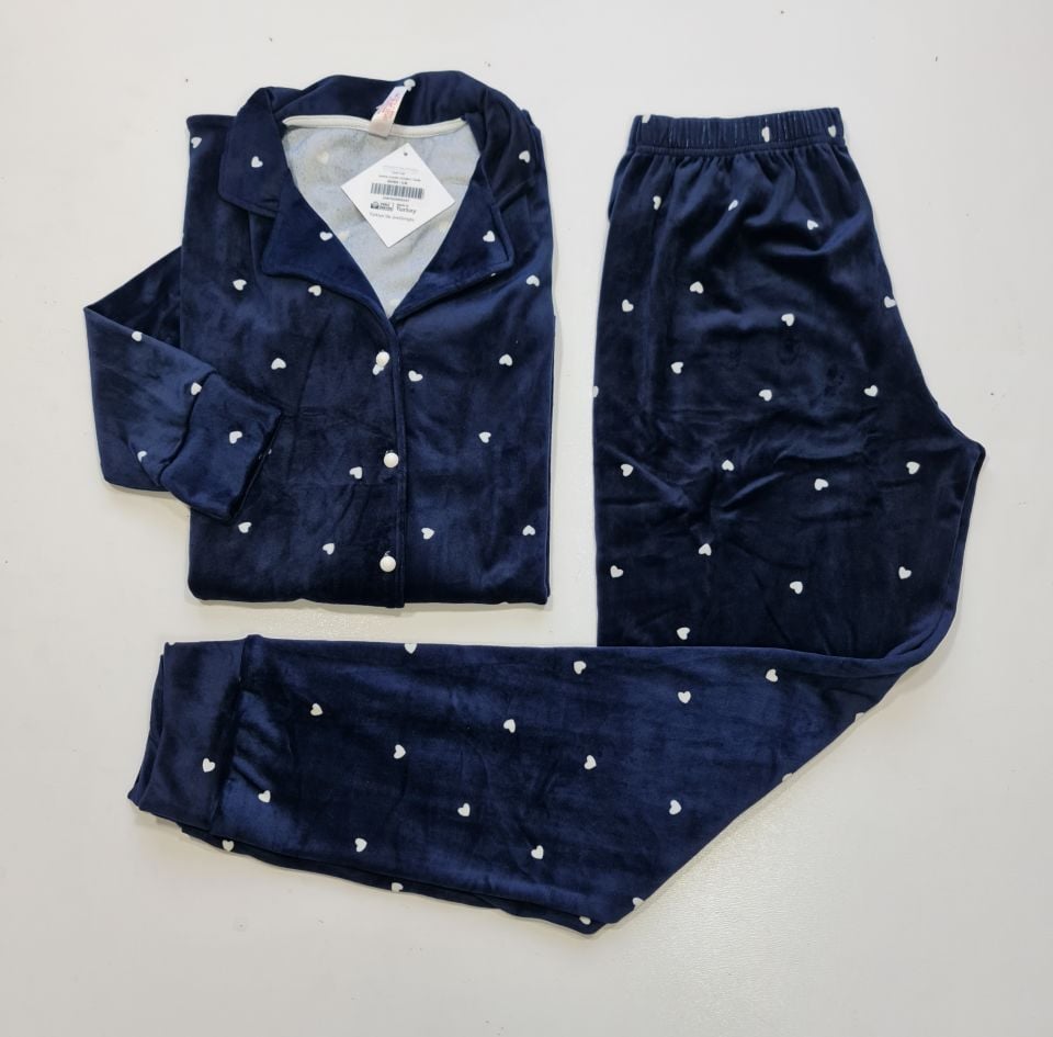 Pijamoni Kadın Önü Komple Düğmeli Kadife Pijama Takım