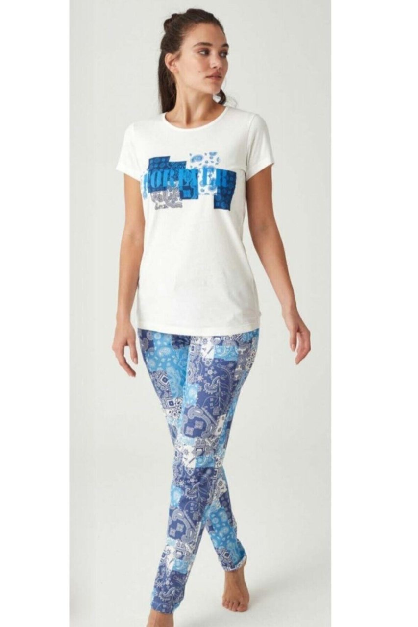 Mod Beyaz Kısa Kol Yazlık Kadın Pijama Takım