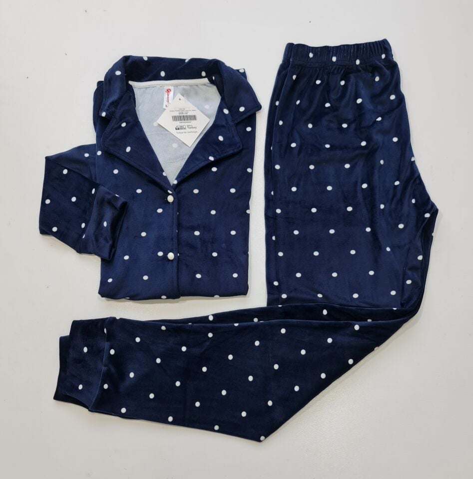 Pijamoni Kadın Önü Komple Düğmeli Kadife Pijama Takım