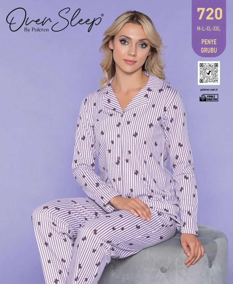 Over Sleep Uzun Kol Yazlık Önü Düğmeli Kadın Pijama Takım