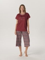 Pijadore Bordo Kısa Kol Yazlık Kapri Kadın Pijama Takım