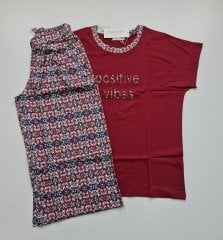 Pijadore Bordo Kısa Kol Yazlık Kapri Kadın Pijama Takım