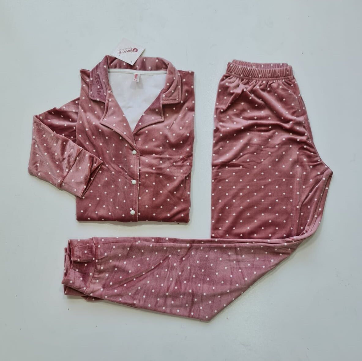 Pijamoni Kadın Önü Komple Düğmeli Pudra Puanlı Kadife Pijama Takım