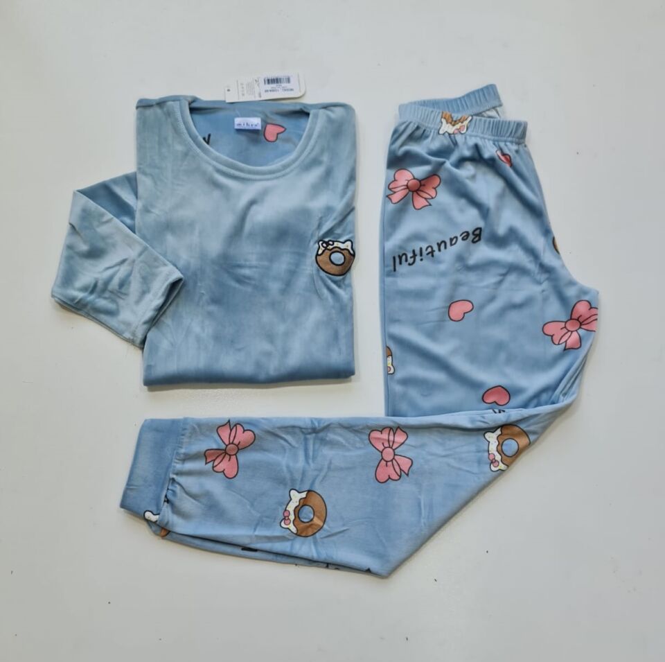 Kadın Kışlık Donatlı Mavi Kadife Pijama Takım