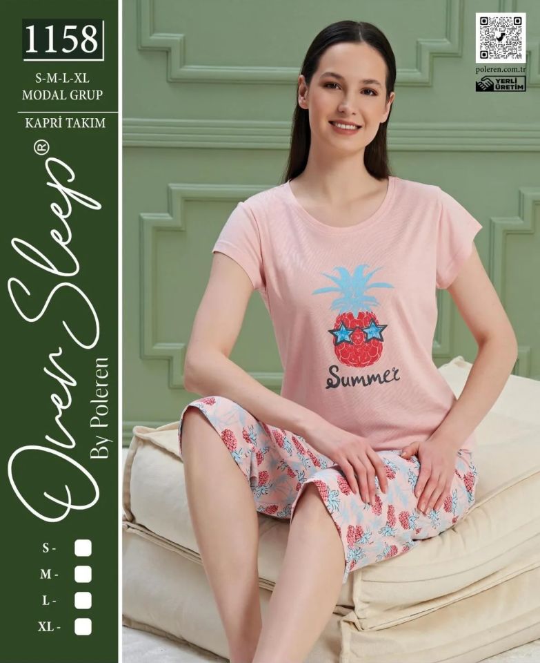 Over Sleep Kısa Kol Yazlık Kadın Kapri Pijama Takım