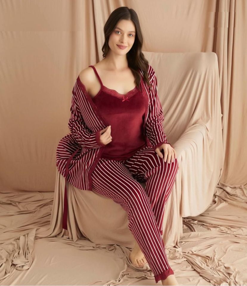 Pijamoni Kadın Kadife Üçlü Pijama Takım