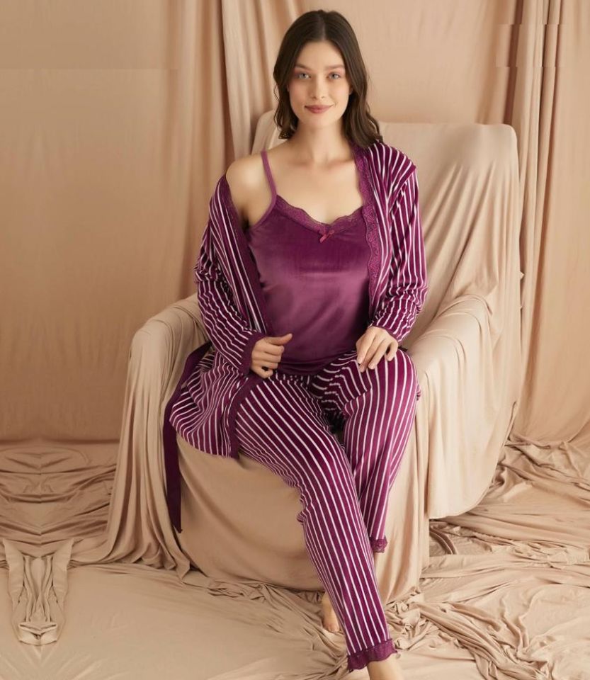 Pijamoni Kadın Kadife Üçlü Pijama Takım