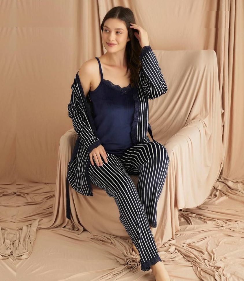 Pijamoni Kadın Kadife Üçlü Pijama Takım