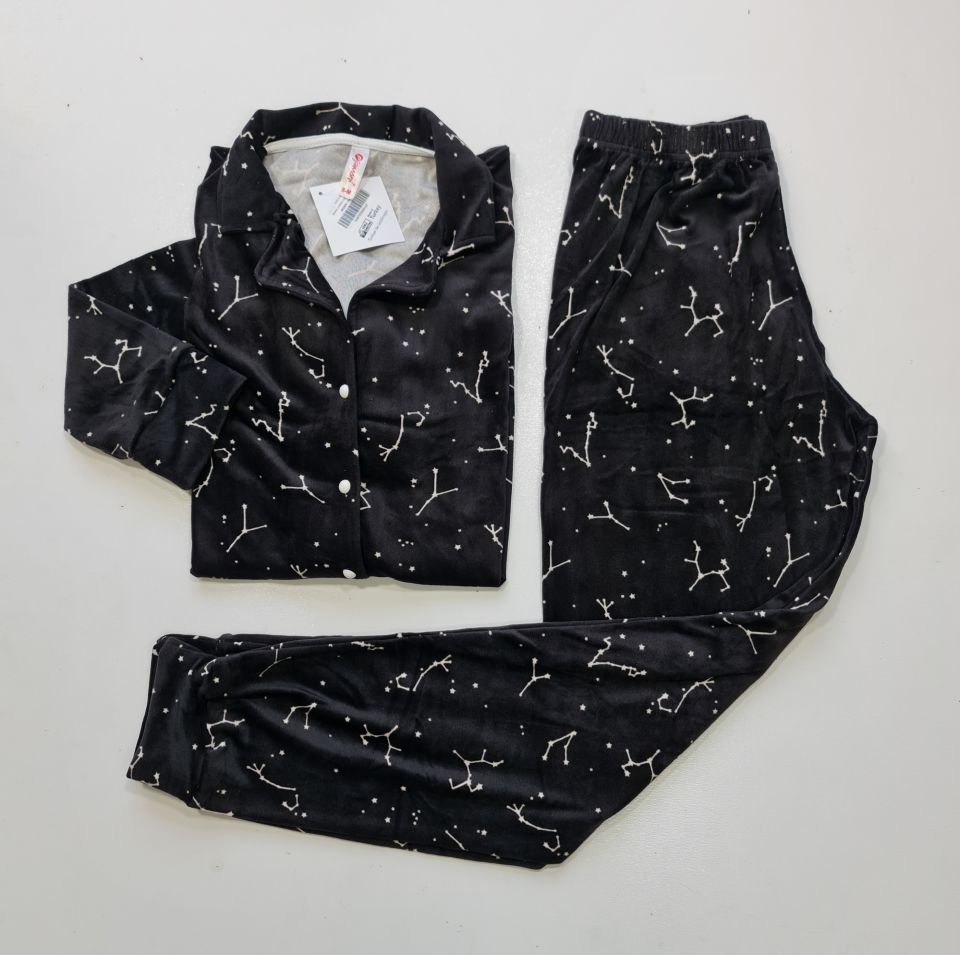 Pijamoni Kadın Önü Komple Düğmeli Kadife Pijama Takım