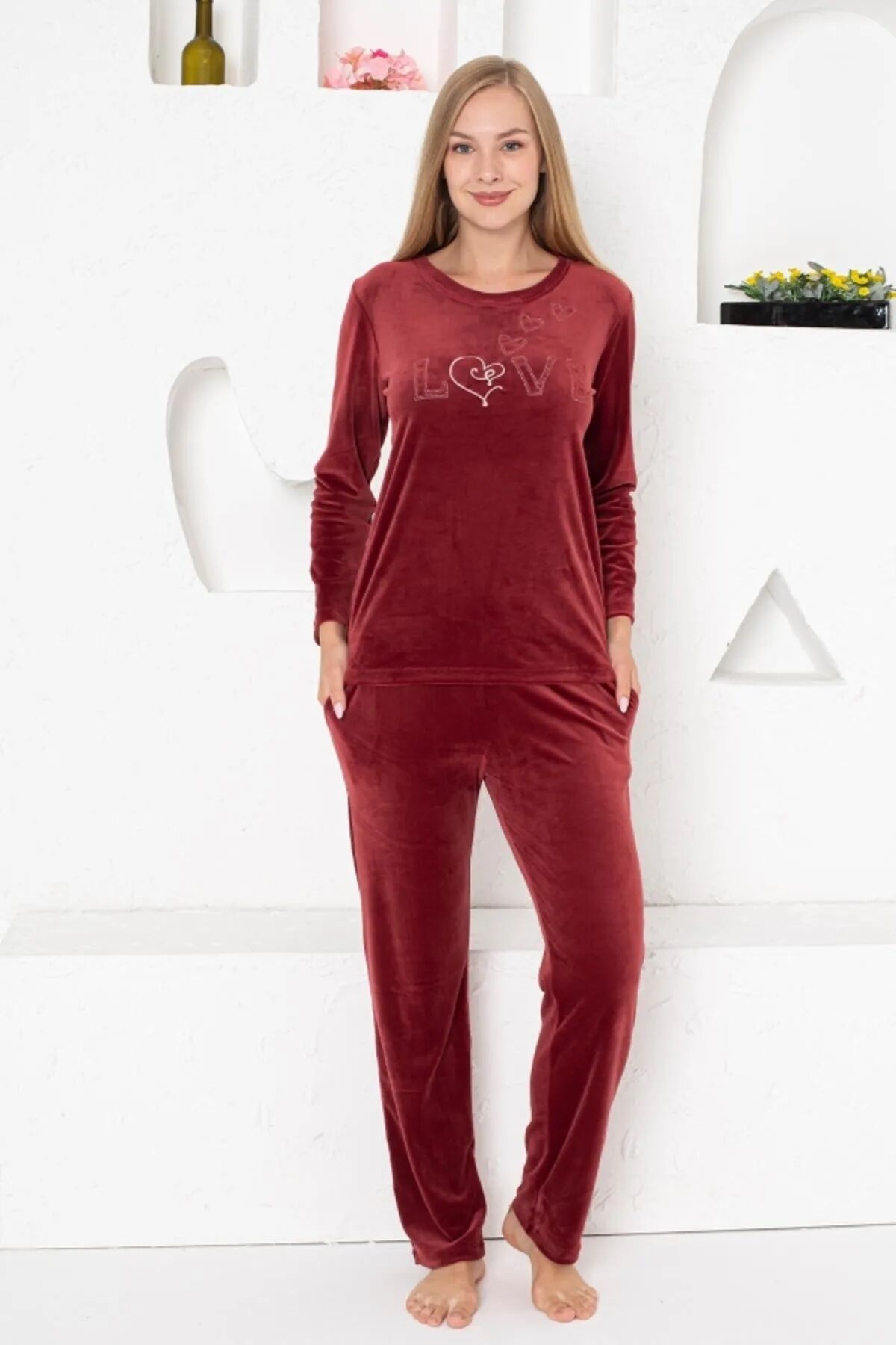 Alimer Pudra Kadın Kadife Pijama Takım