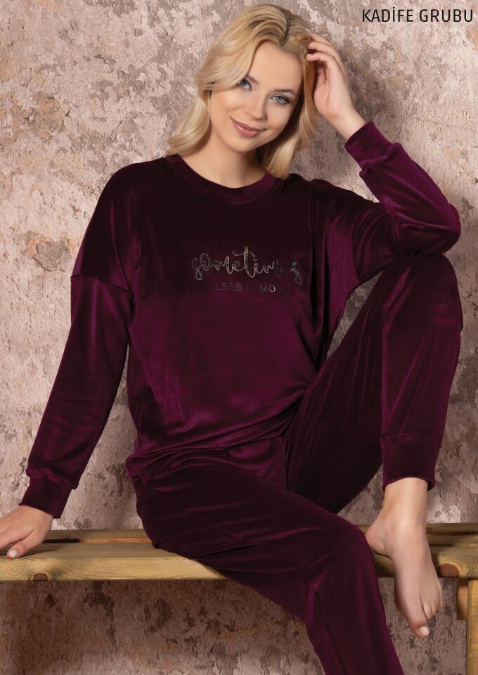 Kadın Kışlık Kadife Bordo Pijama Takım