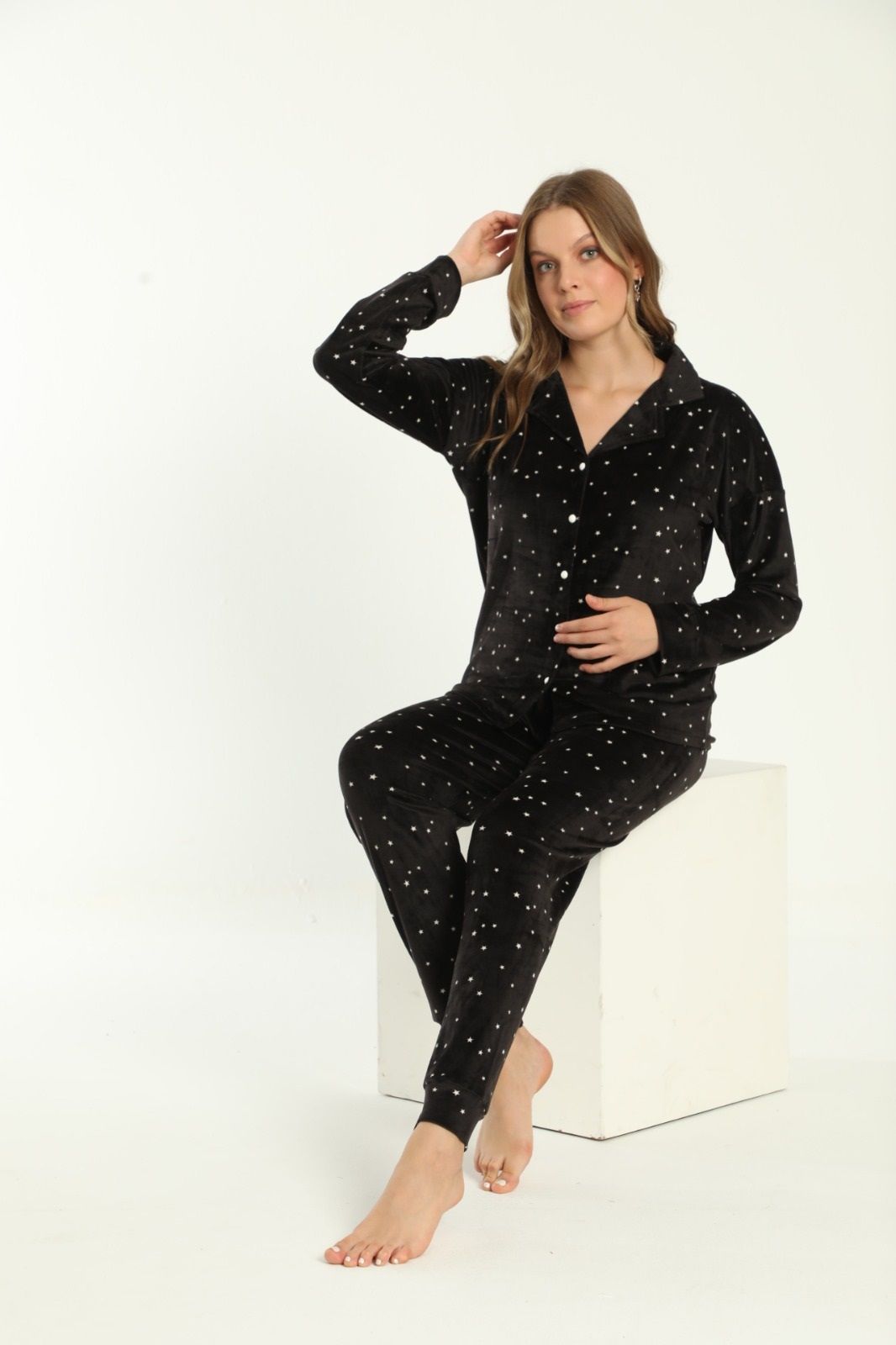 Pijamoni Kadın Önü Komple Düğmeli Kadife Pijama Takım