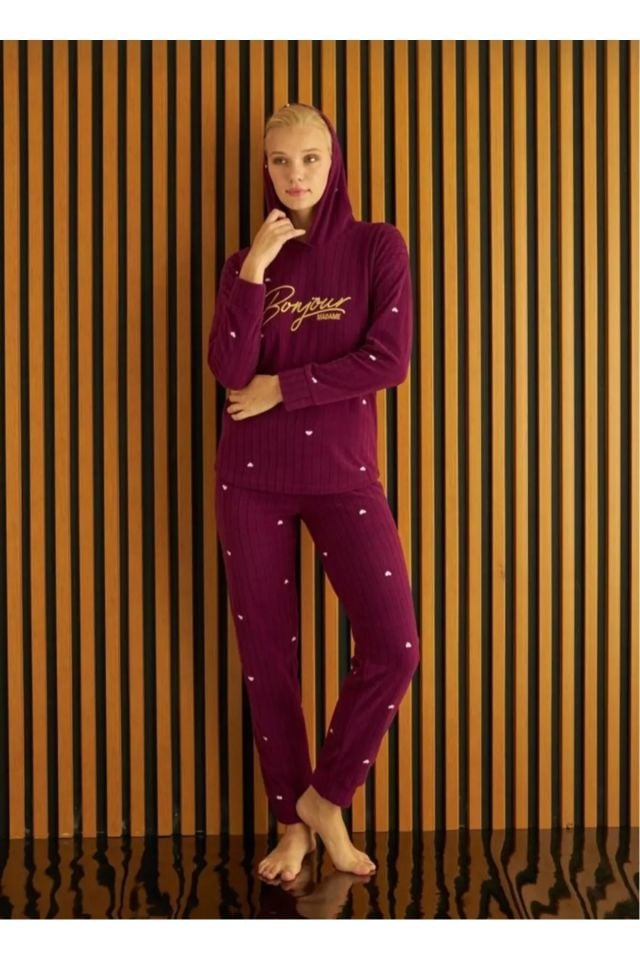 Pijamoni Kadın Fitilli Kapişonlu Polar Pijama Takım