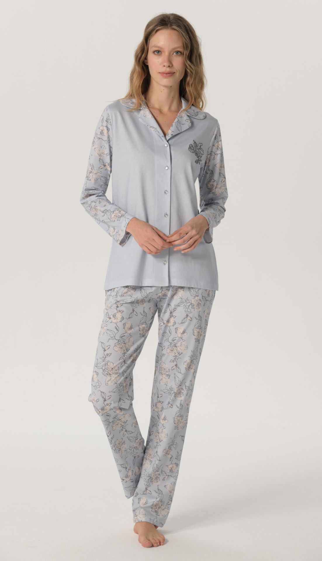 Pijadore Mavi Uzun Kol Yazlık Kadın Pijama Takım