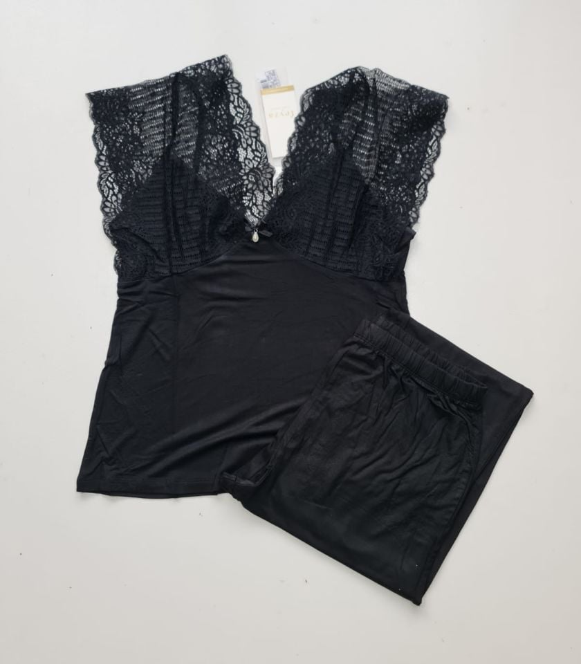 Feyza Kolları Tül Kısa Kol Yazlık Kadın Pijama Takım