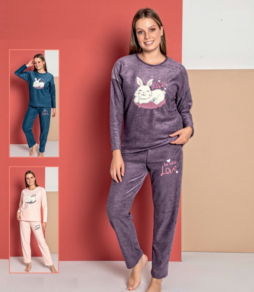 Senfoni Uzun Kol Kadın Lacivert Parlak Havlu Pijama Takım