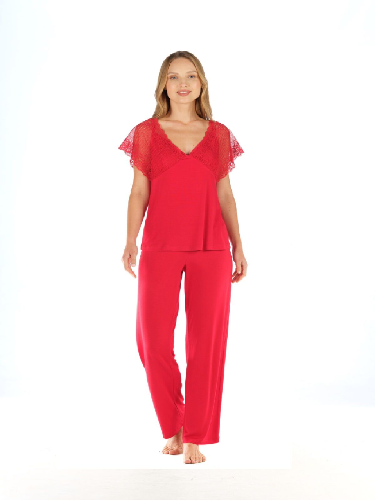 Feyza Kolları Tül Kısa Kol Yazlık Kadın Pijama Takım