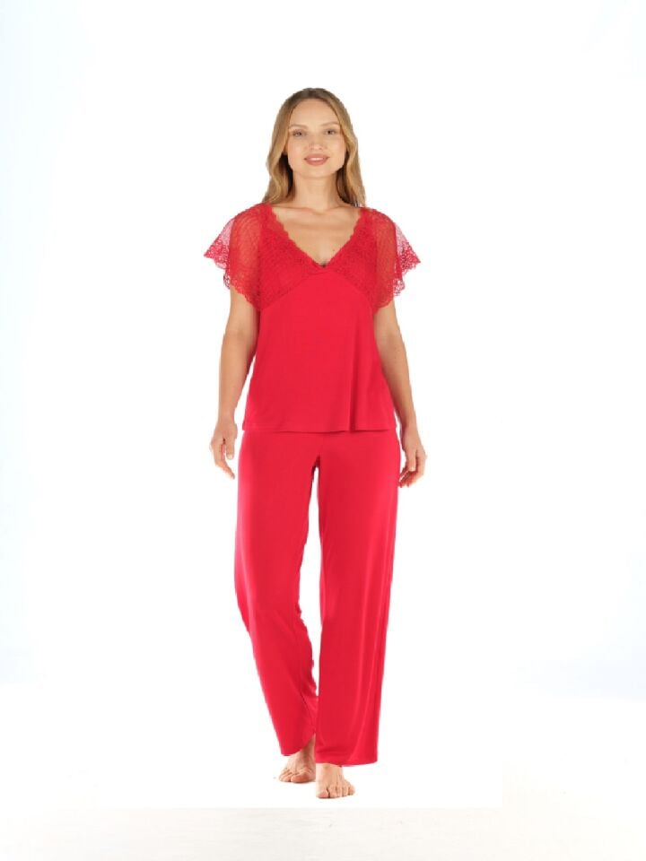 Feyza Kolları Tül Kısa Kol Yazlık Kadın Pijama Takım