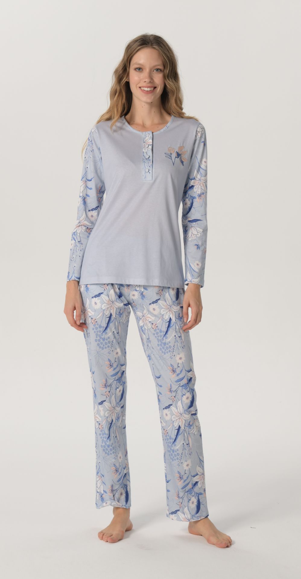 Pijadore Mavi Uzun Kol Yazlık Kadın Pijama Takım