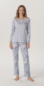 Pijadore Mavi Uzun Kol Yazlık Kadın Pijama Takım