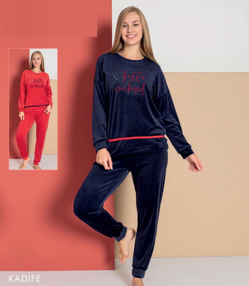 Senfoni Kadın Kırmızı Kadife Pijama Takım
