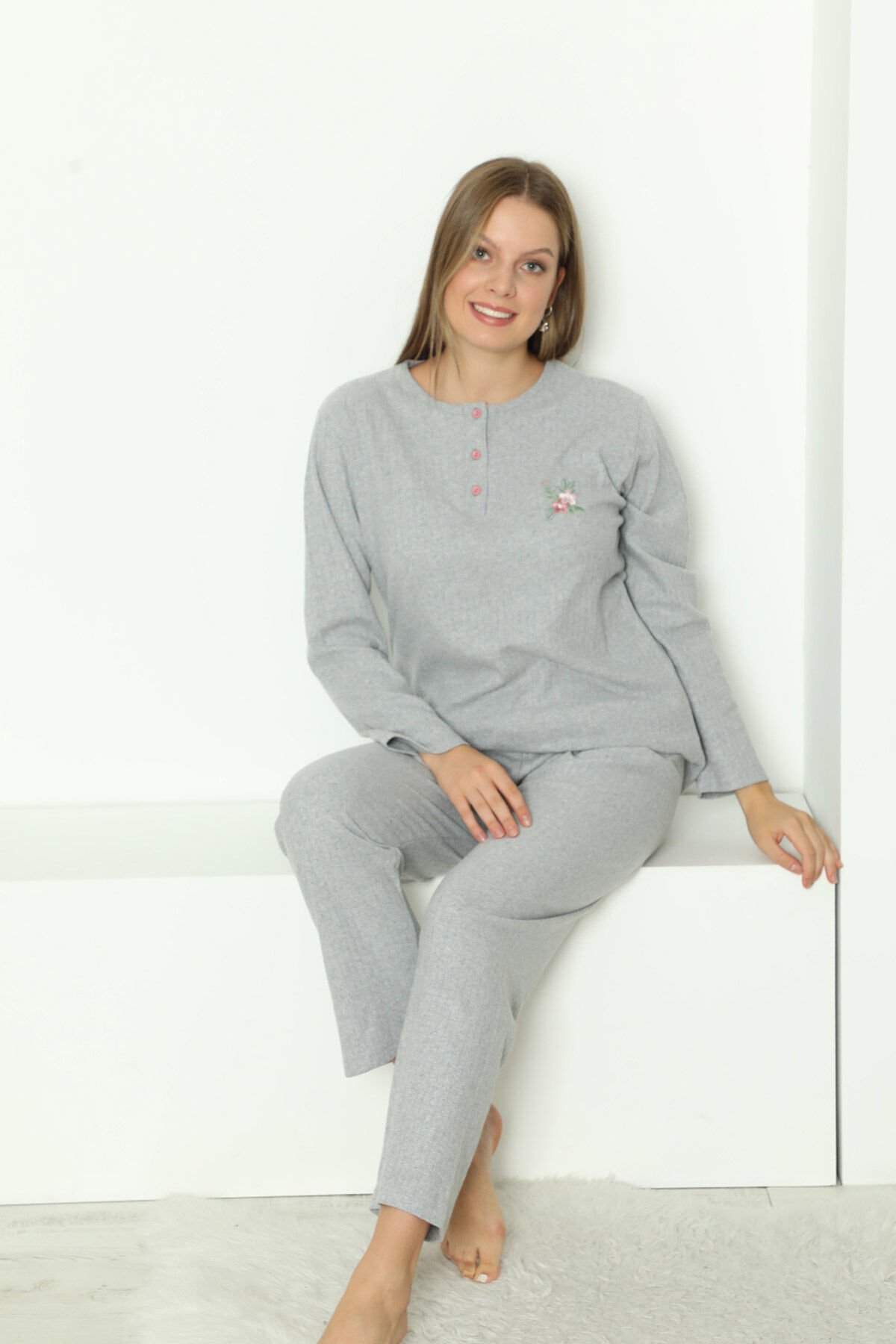 Alimer Uzun Kol Yumoş Gri Kadın Pijama Takım