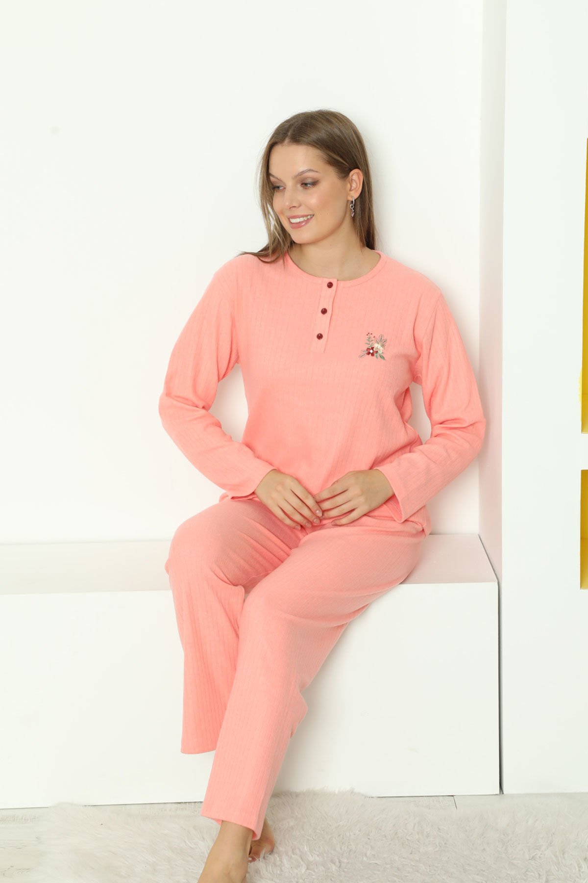 Alimer Uzun Kol Yumoş Somon Kadın Pijama Takım