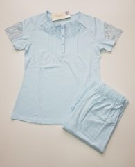 Poleren Yazlık Kısa Kol Mavi Kadın Pijama Takım
